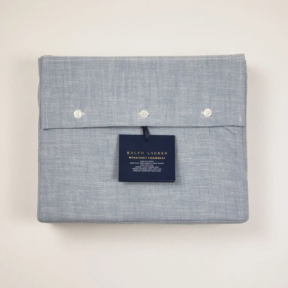 Ralph Lauren Workshirt Chambray King Flat Sheet Blue Luxury Bedding, 114